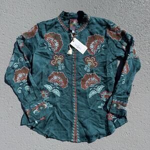 Johnny Was Simone Floral-Embroidered Cupro Blouse Torquoise Small